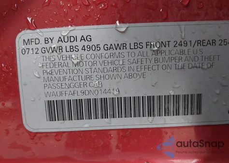 2013 Audi A4 2.0T Premium from USA, damaged, VIN WAUFFAFL9DN014419